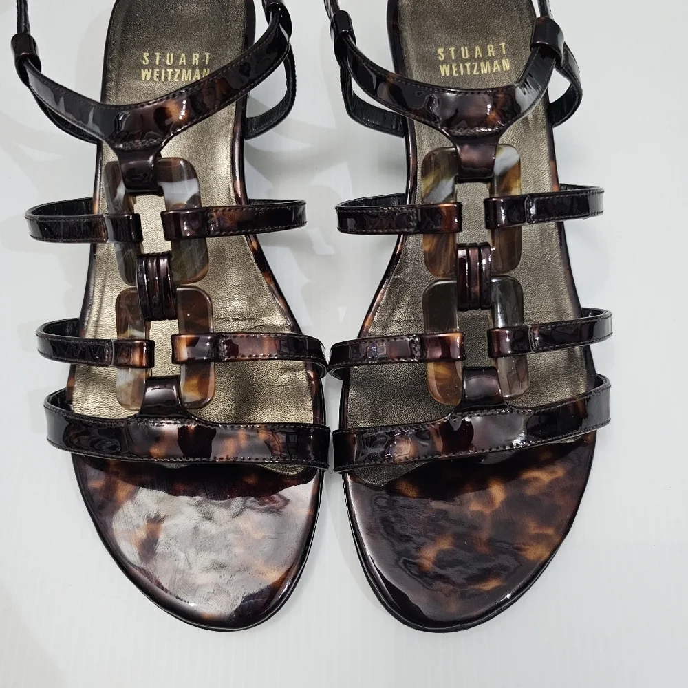 Stuart Weitzman Sandal Women 7 WIDE Tortoise Shell Brown Leather Strappy Wedge